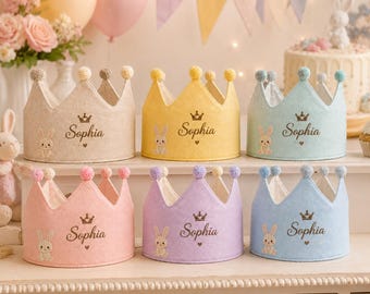 Personalized Embroidered Linen Crown, Custom Name Birthday Crown, Bunny Baby Crown, Cake Smash Photo Prop Gift