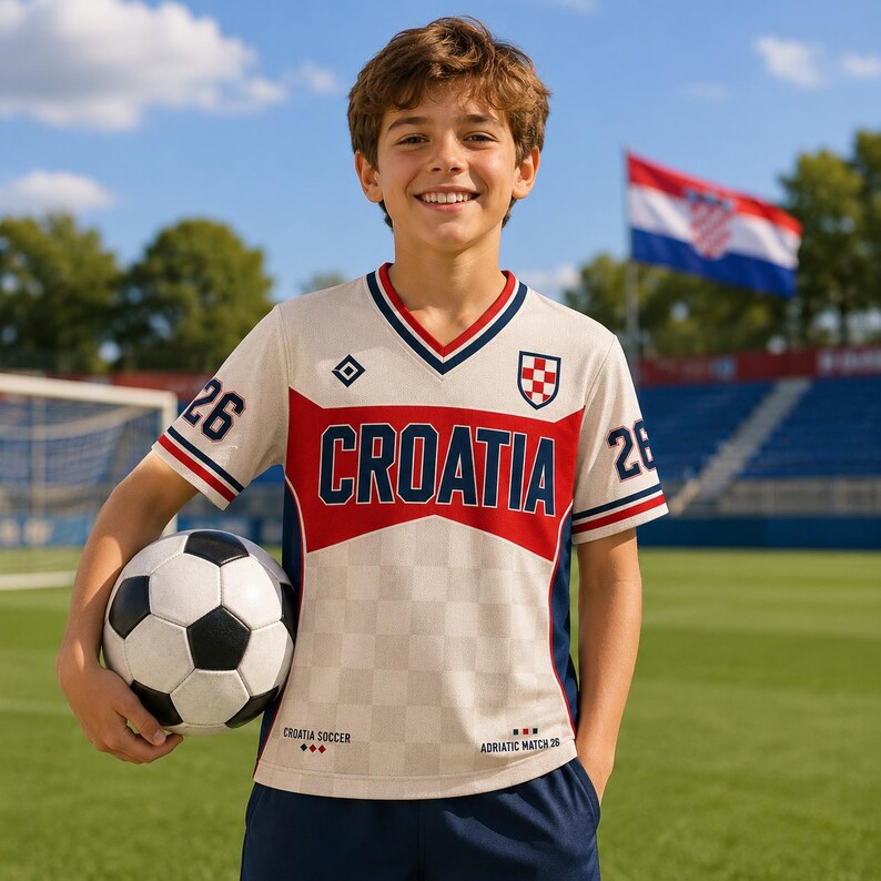 May include: A cream-colored V-neck soccer jersey featuring the word CROATIA in bold blue letters across a red chest panel, a checkered pattern, the number 26 on the sleeves, and a soccer ball. The shirt includes text reading CROATIA SOCCER and ADRIATIC MATCH 26.