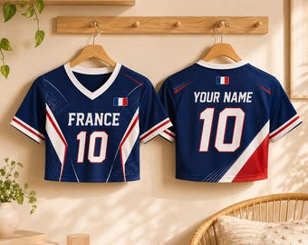 Camiseta corta de fútbol de Francia, top de fútbol francés azul marino, camiseta de aficionado con cuello en V y nombre personalizado, regalo de Francia