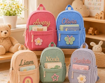 Mochila infantil de pana personalizada, mochila escolar con nombre bordado a mano, mochila para niños pequeños y preescolares, regalo de regreso a clases.