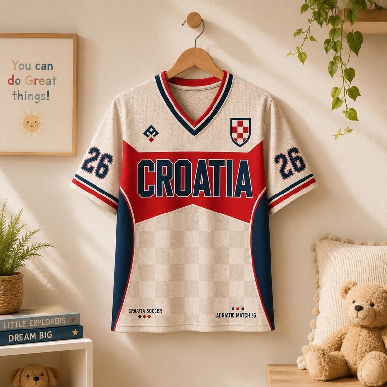 May include: A short-sleeve V-neck jersey in cream, red, and navy blue. The front features the text CROATIA in bold navy letters, the number 26 on both sleeves, a red and white checkered crest, and the text CROATIA SOCCER and ADRIATIC MATCH 26.