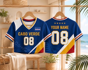 Camiseta corta de fútbol de Cabo Verde, camiseta de fútbol de la Isla Azul, top corto con cuello en V personalizado con nombre y número, regalo para el aficionado de Cabo Verde