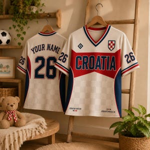 May include: Two white soccer jerseys with red and blue accents. The front jersey features the text CROATIA, a red chest panel, and the number 26 on the sleeves. The back jersey displays the text YOUR NAME and the number 26 in dark blue.