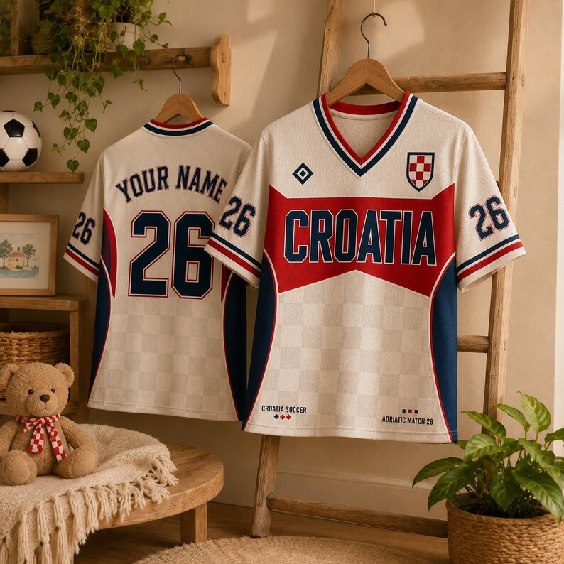 May include: Two white soccer jerseys with red and blue accents. The front jersey features the text CROATIA, a red chest panel, and the number 26 on the sleeves. The back jersey displays the text YOUR NAME and the number 26 in dark blue.
