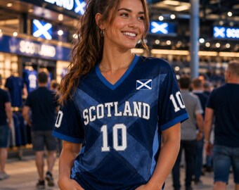 Camiseta de fútbol de Escocia, camiseta de fútbol escocés personalizada con nombre y número, camiseta de aficionado azul marino con cuello en V, regalo deportivo de Escocia