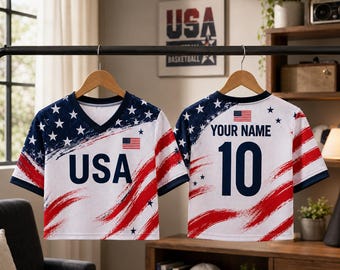 Custom USA Crop Top Jersey, Personalized Name Number Football Fan Shirt, American Flag Game Day Top, Women Sports Tee