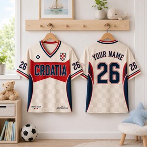 Croatia Soccer Jersey, Croatia Football Fan Shirt, Red Checkered Jersey Top, Custom Name Number Croatian Soccer Gift image 2