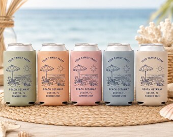 Enfriador de latas personalizado para vacaciones en la playa, funda para bebidas personalizada para viajes familiares, porta latas delgado, recuerdo para fiestas de escapada de verano