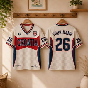 May include: A white, red, and navy blue soccer jersey featuring a V-neck collar, the text CROATIA, the number 26, and a checkered pattern. The back displays the text YOUR NAME and the number 26. The design includes side panels and sleeve details.