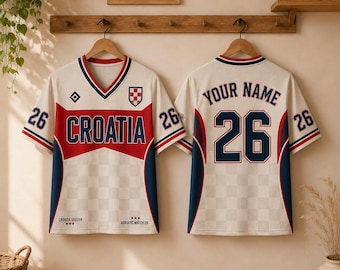 Camiseta de fútbol de Croacia, camiseta de aficionado al fútbol de Croacia, camiseta a cuadros rojos, regalo personalizado de fútbol croata con nombre y número
