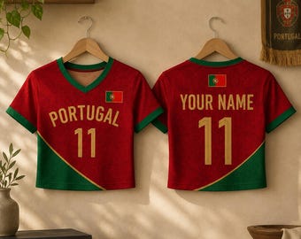 Camiseta corta de fútbol de Portugal, camiseta roja y verde para aficionados al fútbol, top con cuello en V personalizado con nombre y número, regalo para aficionados de Portugal
