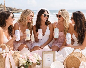 Enfriador de latas personalizado para despedida de soltera, funda para bebidas personalizada para el grupo de la novia, porta latas delgado con lazo costero, regalo para fiesta en la playa