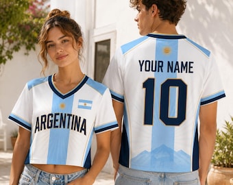 Camiseta corta de fútbol de Argentina, camiseta para aficionados al fútbol argentino, camiseta corta azul cielo con cuello en V, regalo personalizado con nombre y número