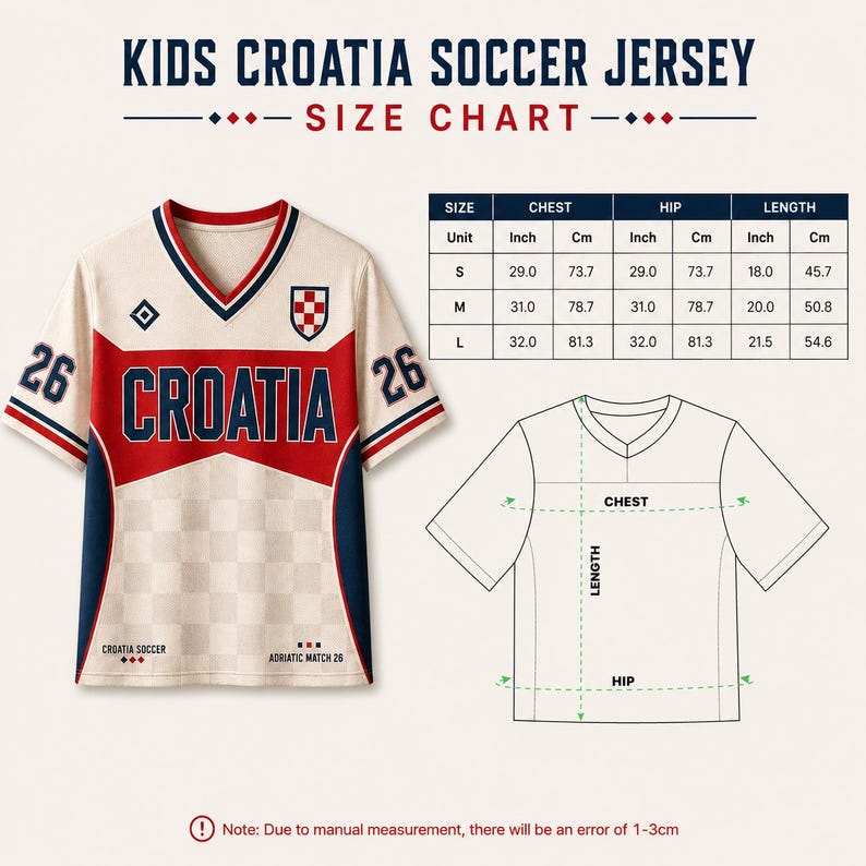 May include: A kids Croatia soccer jersey with a V-neck, red and white checkerboard pattern, and the number 26 on the sleeves. The image includes a size chart with measurements in inches and centimeters, and a diagram showing chest, hip, and length.
