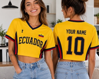 Camiseta corta de fútbol de Ecuador, camiseta para aficionados al fútbol de Ecuador, camiseta corta amarilla con cuello en V, regalo personalizado con nombre y número