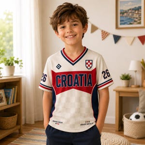 May include: A short-sleeve V-neck jersey in off-white, red, and navy blue. The front features the text CROATIA in navy blue, a red and white checkered shield, the number 26 on the sleeves, and the text CROATIA SOCCER and ADRIATIC MATCH 26.