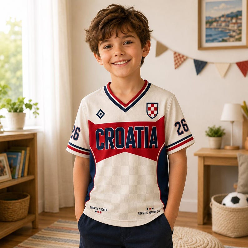 May include: A short-sleeve V-neck jersey in off-white, red, and navy blue. The front features the text CROATIA in navy blue, a red and white checkered shield, the number 26 on the sleeves, and the text CROATIA SOCCER and ADRIATIC MATCH 26.