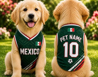 Camiseta personalizada para mascotas de México, camiseta de fútbol para perros con nombre y número personalizados, conjunto para cachorros con la bandera mexicana.
