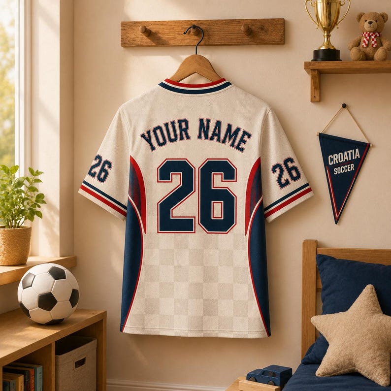 May include: A cream-colored short-sleeve sports jersey featuring the text "YOUR NAME" and the number "26" in navy blue with red outlines. The jersey has a subtle checkered pattern, navy blue side panels, and red and navy blue striped trim.