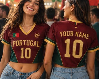 Camiseta corta de fútbol de Portugal, top de fútbol vintage rojo y verde, camiseta con cuello en V personalizada con nombre y número, regalo para el aficionado de Portugal