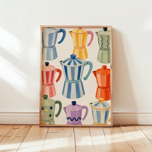 Decorazione murale a tema moka colorata, poster retrò dipinto a mano con macchina da caffè espresso italiana per la cucina.