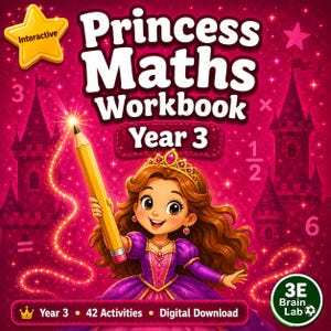 Op de afbeelding: Een roze werkboek getiteld "Princess Maths Workbook Year 3" met een cartoonprinses die een potlood vasthoudt. De cover bevat de tekst "Interactive", "42 Activities" en "Digital Download". De achtergrond is een roze verloop met kasteel illustraties.