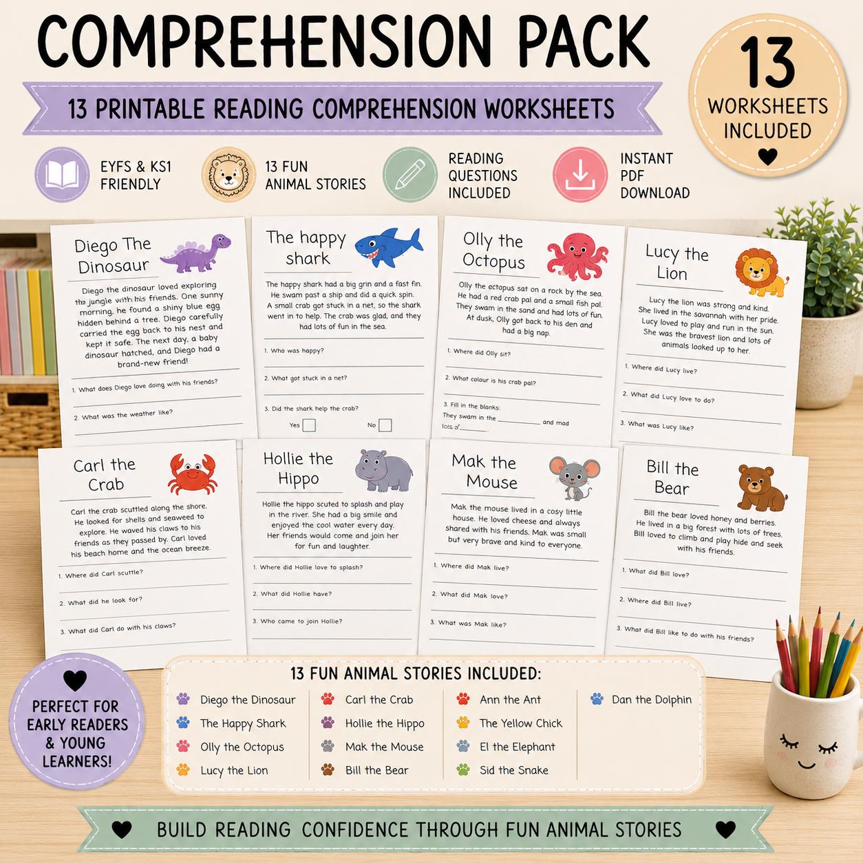 KS1 and EYFS Reading Comprehension Pack | 13 Animal-themed Worksheets ...
