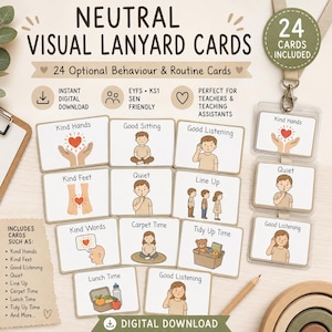 May include: A set of 24 neutral visual lanyard cards featuring illustrations of children and routines like Kind Hands, Good Sitting, and Tidy Up Time. The cards are white with brown borders and include text labels. A lanyard with three card holders is shown.