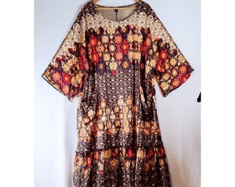 Tribal Dress Tones of Autumn Batik Boho Loose Shift Ruffle Trim 3Q Sleeve Ethnic