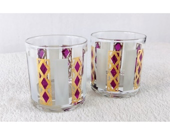 MCM Culver Cranberry Harlequin Lowball Cocktail Glasses Set of 2 Gold Diamond 22K Trim