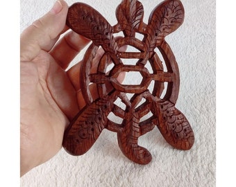 Hand Carved Wooden Turtle Trivet Pot Holder Boho Figurine Decor Vintage 5x4x1