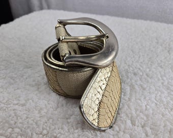 DUSTY BAKER BELT WIDE CREAM FABRIC SNAKESKIN METALLIC BRONZE GOLD SIZE M VTG 80s Leather Dress Belt by Dusty Baker Snakeskin  main image 2