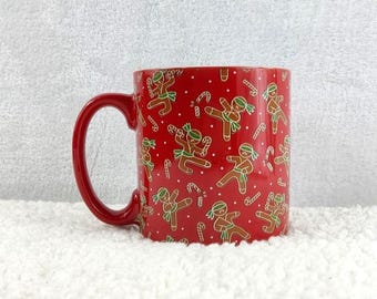 Red Gingerbread Man Mug by FAO Schwarz Shinny Candy Cane Holiday Season Xmas Winter
