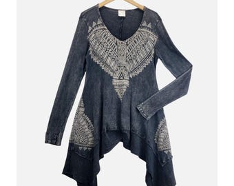 Southwestern Tunic Top Asymmetric Rhinestones XL VOCAL Charcoal Mineral Washed