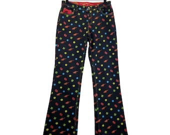 Vtg Ruff Ryders Black Graphic Jeans sz 9/10 Flare Leg Iconic Logo Pattern Rare