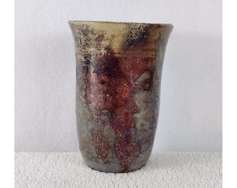 Raku Art Vase Brown Iridescent Tones Textured Rustic Tumbler Thrown Pottery 5.5"