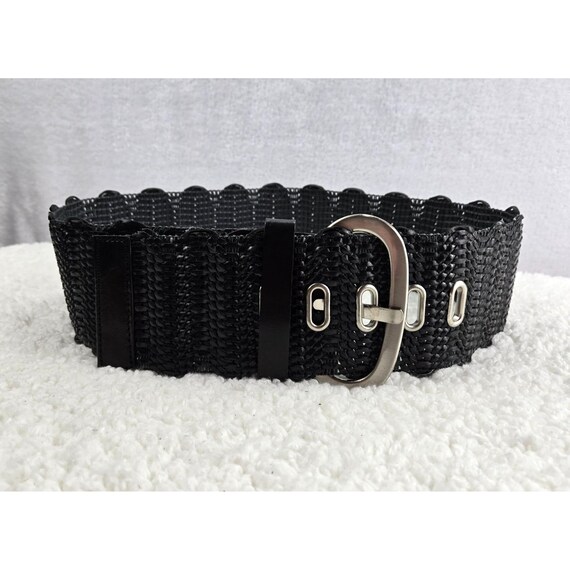Wide Black Belt Woven Faux Leather Cord Silve Buckel Career  display picture 1