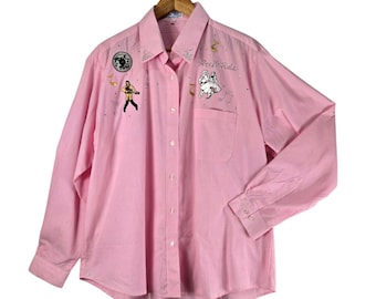 Camisa Rock N Roll para mujer, años 50, Elvis, rosa, blanco, rayas, XL, abotonada, manga larga
