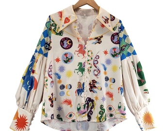 Shirt met ballonmouwen en knopen maat S Celestial Mystical Print Linnen Festival Boho