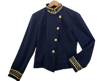 Nautical Blazer Navy Blue Gold Trim Buttons Sz 6 Lew Magram Collection 80s Vtg