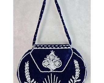 Vintage Navy Blue Velvet Beaded Clutch Handbag Peacock Evening Bohemian Exotic