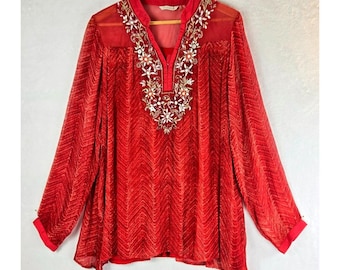 Túnica de gasa roja con canesú de cuentas de Soft Surroundings, talla L, estilo bohemio campesino de la India