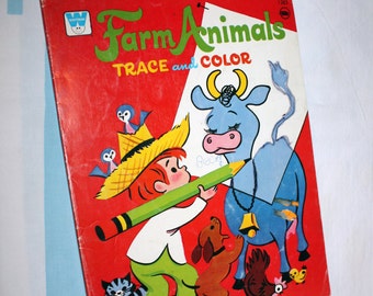 Color Book, Farm Animals, Trace & Color, 1974 Coloring Book