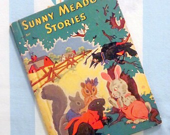 May include: A vintage children's book titled "Sunny Meadow Stories" with a green cover featuring illustrations of a squirrel, a rabbit, a beaver, and a crow. The book has a yellowed, aged appearance.