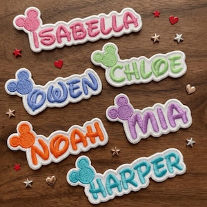 May include: Six embroidered name patches featuring a Mickey Mouse head icon on the left side of each name. The names Isabella, Chloe, Owen, Mia, Noah, and Harper are stitched in pink, light green, blue, purple, orange, and teal thread.