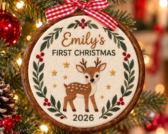 Adorno navideño para la primera Navidad del bebé 2026, aro bordado personalizado para la primera Navidad de un niño, regalo para baby shower con nombre de niña, regalo para la familia del bebé