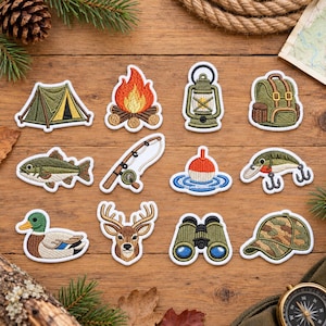 May include: A collection of twelve embroidered patches featuring outdoor and camping themes, including a tent, campfire, lantern, backpack, fish, fishing rod, bobber, lure, duck, deer head, binoculars, and a camouflage baseball cap.