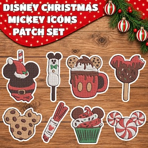 May include: A set of eight embroidered Disney Christmas Mickey Mouse icon patches featuring a Santa suit, a marshmallow stick, a hot cocoa mug, a chocolate-covered treat, a cookie, a churro, a cupcake, and a peppermint candy swirl.