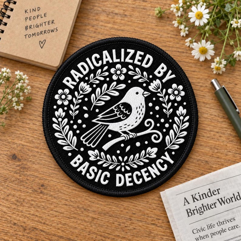 May include: A circular black embroidered patch featuring a white bird perched on a branch, surrounded by a floral wreath and the text "RADICALIZED BY BASIC DECENCY" in a bold, white, sans-serif font, with a stitched border edge.