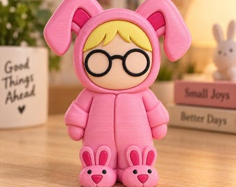 Figura de conejito rosa impresa en 3D, divertida decoración navideña con personajes, artículo coleccionable inspirado en películas navideñas, linda figura de escritorio.